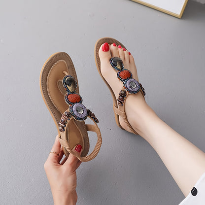 Women'S Flat Sandals Bohemian Thongs Casual Beaded Flip Flop Sandal Dressy Comfortable Fashion Open Toe Elastic Strap Slip-On Beach Shoes Soft Non-slip Outdoor Summer Holiday