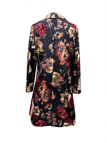 Plus Size - Plus Size - Long-Sleeved Single-Breasted Mid-Length Suit Jacket with Floral Pattern