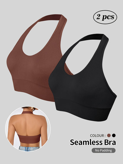 Set of 2 NADIA GO Women'S Seamless Sports Bras - Comfortable And Breathable Tops for Yoga And Workouts, Featuring a Racerback Design with Side Stripes, Available in Light Gray And Black, Sleeveless for Gym Activities, Running, And Pilates