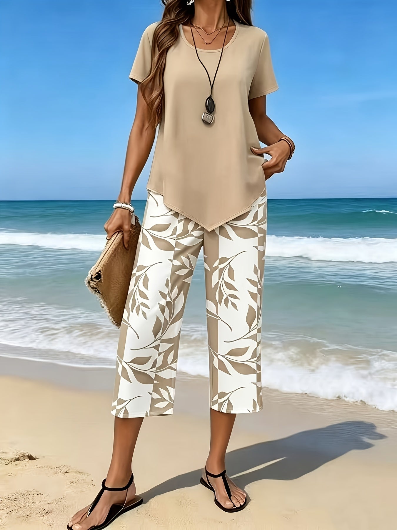 Women'S Spring/Summer Casual Two-Piece Set: Short Sleeve Round Neck Top with 7/8 Wide-Leg Pants, Loose Comfortable, Versatile for Daily Outings, Home, And Commuting