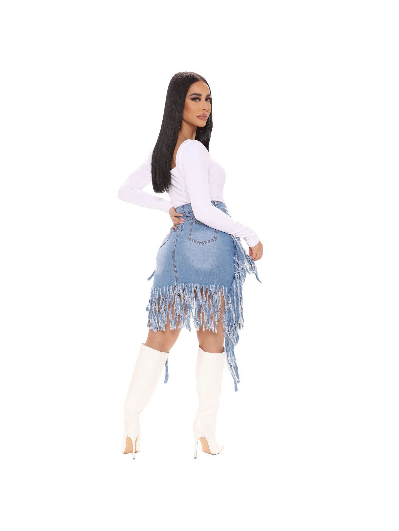 Fashionable Fringed Denim Mini Skirt, Washed High-Waist Sexy A-Line, Hot Vintage Design, Versatile Summer Trendy Item