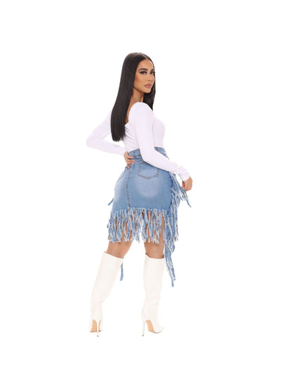 Fashionable Fringed Denim Mini Skirt, Washed High-Waist Sexy A-Line, Hot Vintage Design, Versatile Summer Trendy Item