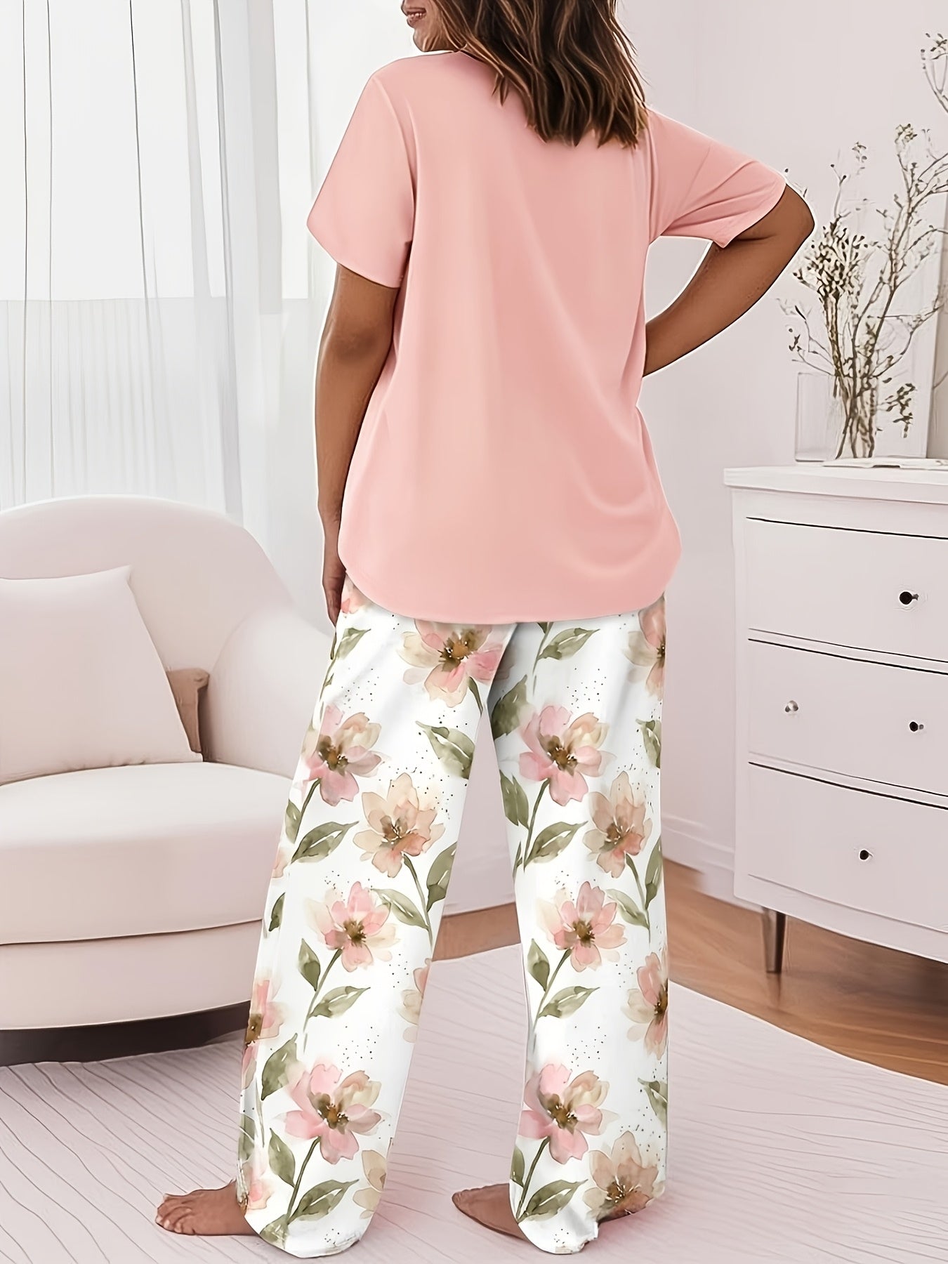Round Neck Cross Printed Top Short-Sleeved Gradient Wide-Leg Pants Casual Loose Two-Piece Set