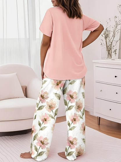 Round Neck Cross Printed Top Short-Sleeved Gradient Wide-Leg Pants Casual Loose Two-Piece Set