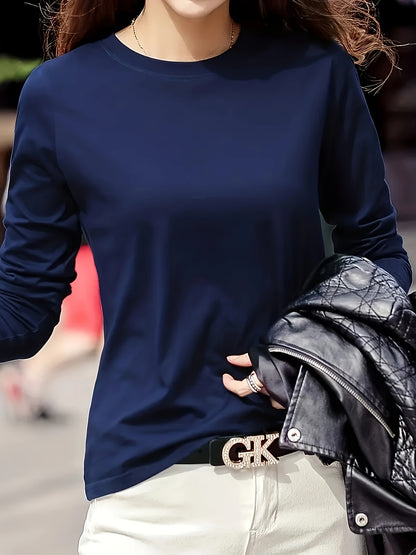 Women's Elegant Crew Neck T-Shirt, 100% Polyester Fabric, High Stretch Solid Color Top, Regular Length, 180gsm - Spring/Summer Fashion