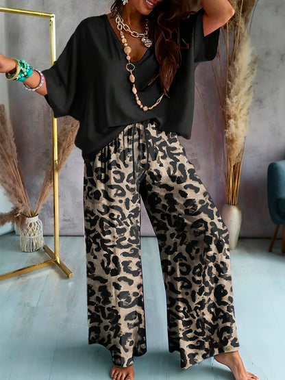 Plus Size, Plus Size Outfit 2pcs Set, Solid V-Neck Top& Leopard Print Wide Leg Pants, Casual Loungewear Set for Women, Comfortable Wear, Animal Print Design, Versatile Matching Set