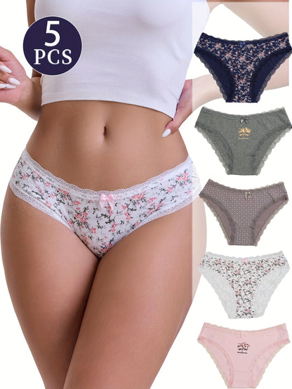 5pcs Women'S Underwear - Soft Breathable Low-Rise Briefs with Contrast Lace Trim, Seamless & Non- Restrictive Design, Light -Friendly Fabric for Everyday &, Comfortable & Stylish Lingerie, Underwear For Women, Underwear For Women High Quality
