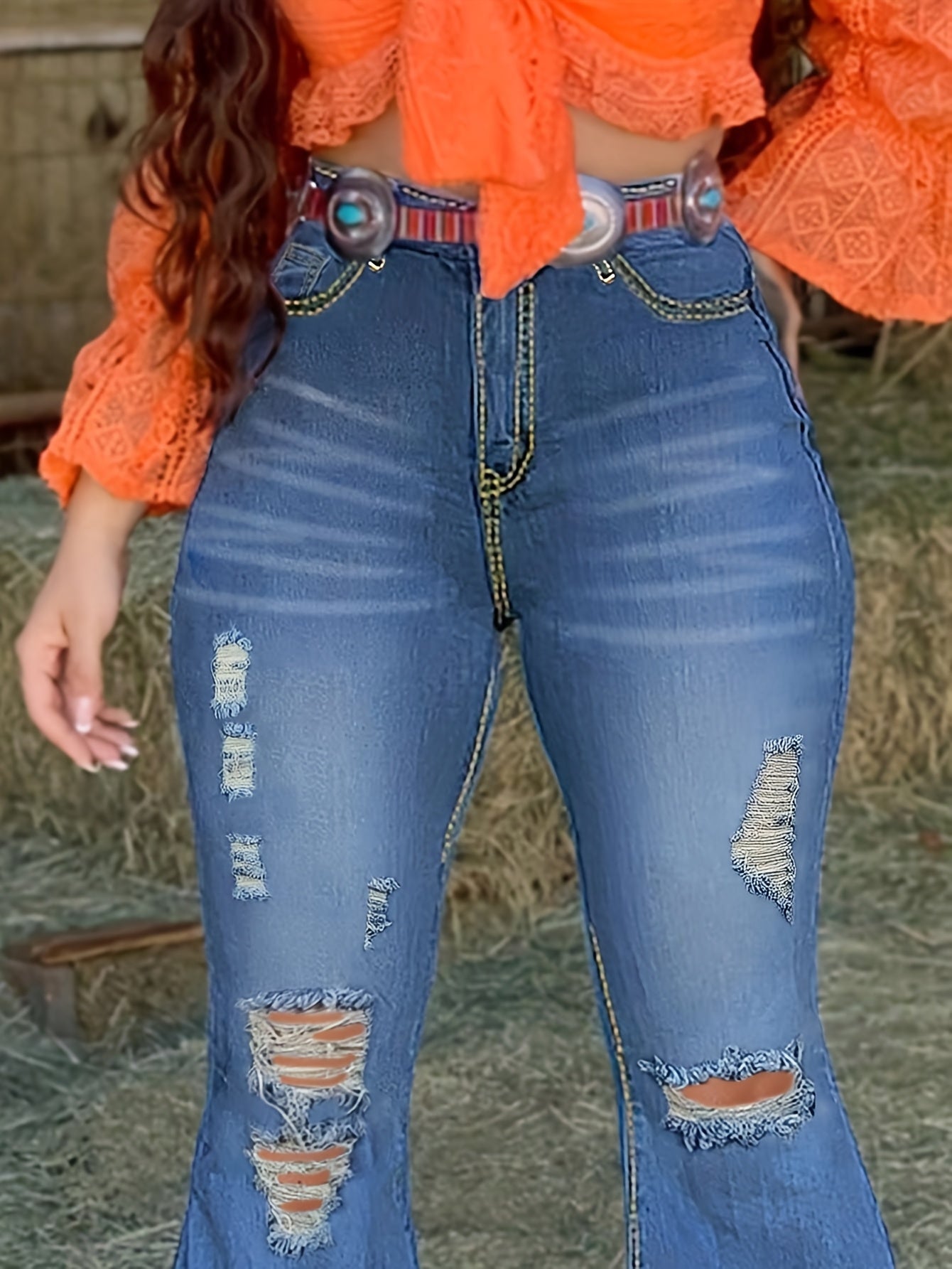 High-Waisted Bootcut Jeans for Women - Classic Blue Stretchy Jeans with a Sexy Distressed Design