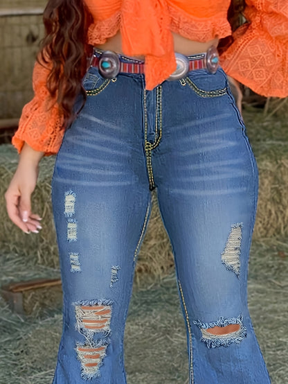High-Waisted Bootcut Jeans for Women - Classic Blue Stretchy Jeans with a Sexy Distressed Design
