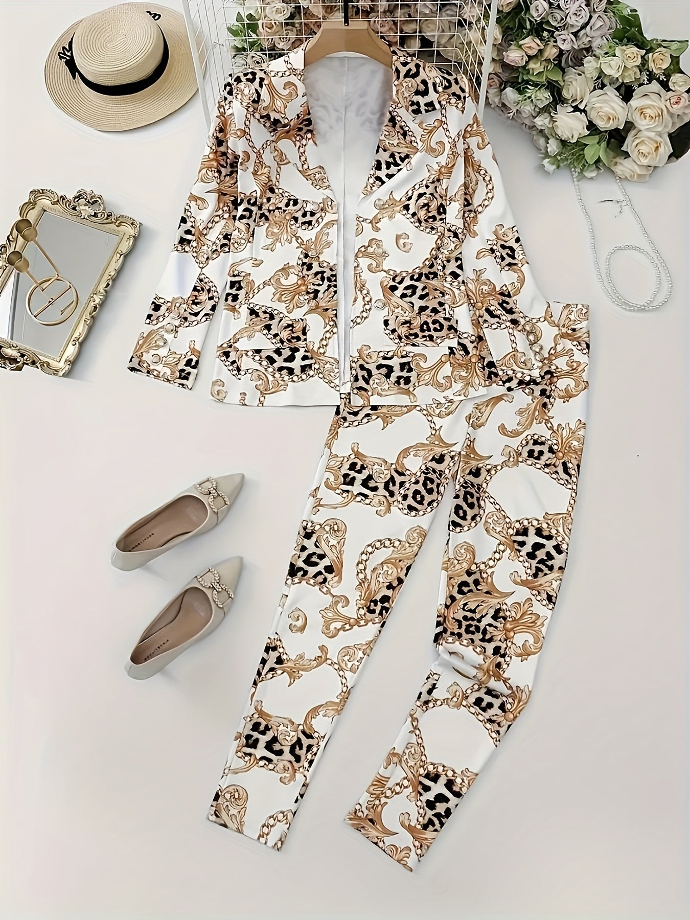 Casual Two-Piece Outfit Featuring a Chain-Printed Leopard Design, Including a Double-Breasted Lapel Jacket with Long Sleeves And High-Waisted Pants, Perfect for The New Autumn Women'S Fashion