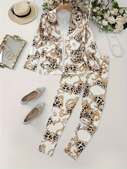 Casual Two-Piece Outfit Featuring a Chain-Printed Leopard Design, Including a Double-Breasted Lapel Jacket with Long Sleeves And High-Waisted Pants, Perfect for The New Autumn Women'S Fashion