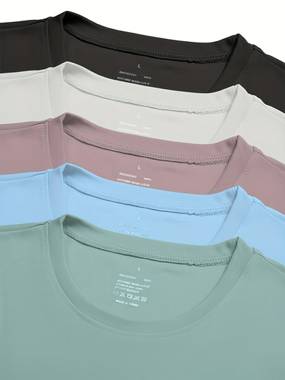Set of 5 Women'S Long-Sleeve Shirts with Round Necks, Designed for Quick Drying, Suitable for, Fitness, And Outdoor, Available in Various Colors