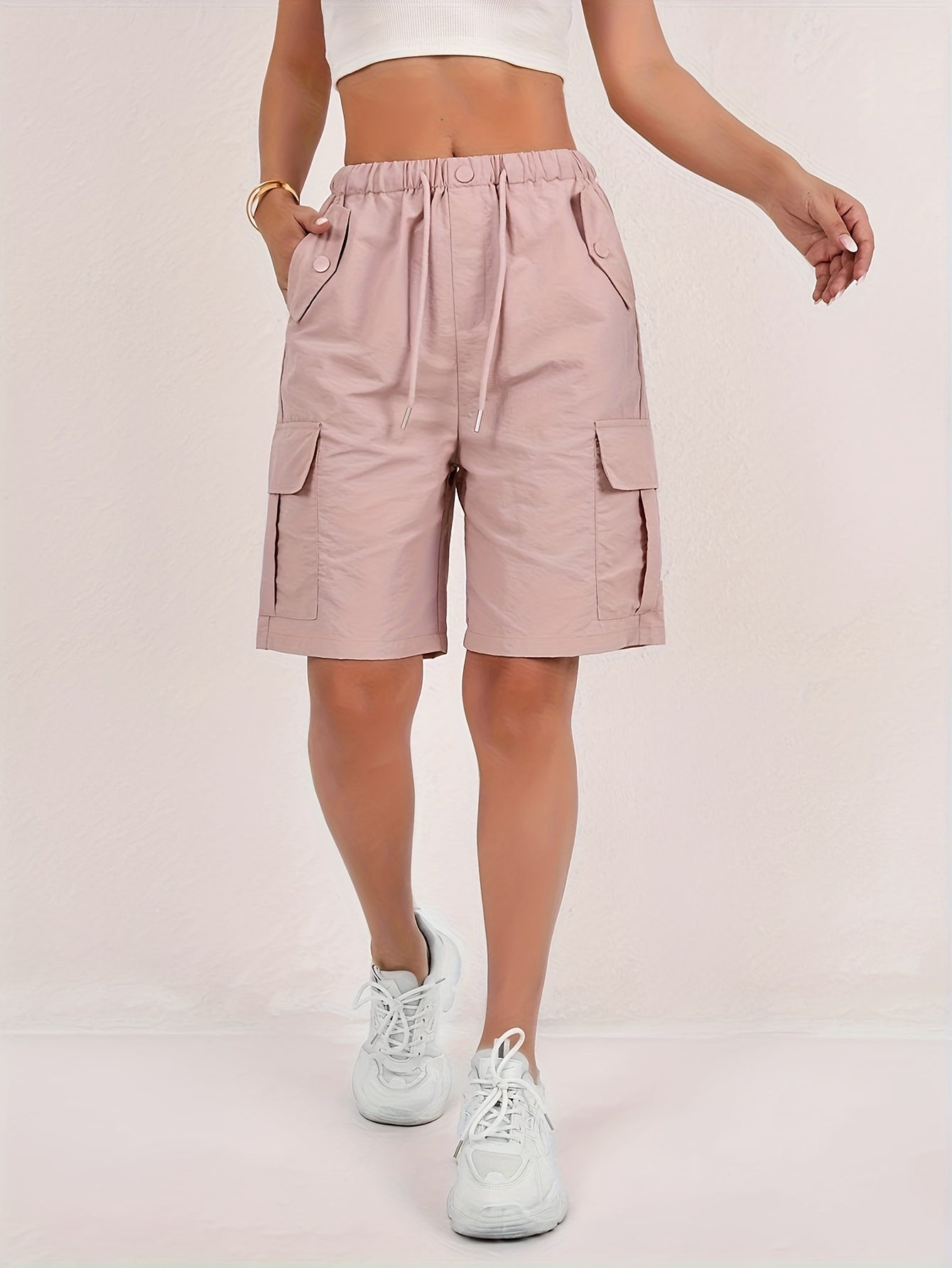 2pcs Women's American Workwear Cargo Shorts - Lightweight Straight-Leg with Multiple Pockets, Adjustable Drawstring Waist, Machine Washable Casual Mid-Thigh Length for Spring Summer Fall, Everyday Comfort, Functional Design, Durable Fabric