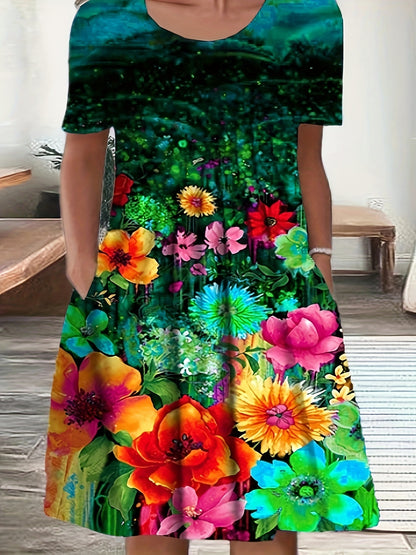 Women's Short Sleeve Round Neck Floral Print Dress - Summer Casual Style - For Women - Perfect for Parties & Casual Outings - Great Gift for Her