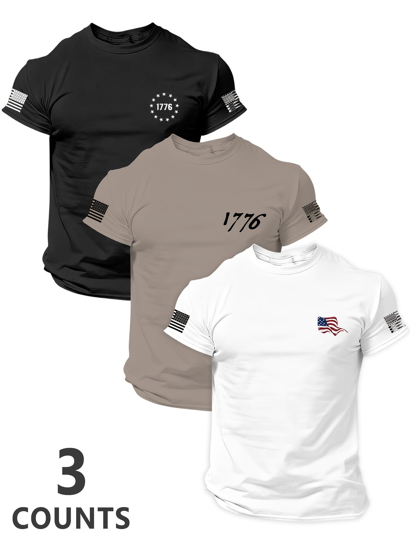 Men'S 3pcs 4Th of July American Patriotic Flag Eagle Short Sleeve T-Shirt Set, All-Black Vintage Print Design, 250 American Celebration Items-Inspired, Featuring 1776 Betsy Ross Flag, Declaration of Independence, Bald Eagle & American Flag Elements
