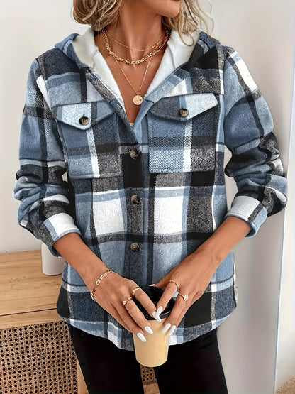 Fall & Winter Essential: Women's Plaid Hooded Jacket. Lining for Warmth, Front - Button Design, Adjustable Drawstring Hood. Washable In Brown, Red, Green, Black, Blue. Durable & Soft Fabric, Suitable for All - Day Comfort In Casual Settings.