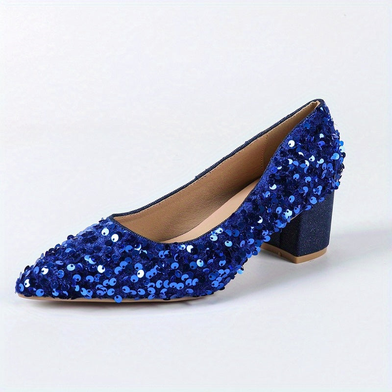 [Evening Party Wedding] Elegant High Heel Evening Party Wedding Dressy Shoes for Women, Pointed Toe, Chunky Heel, Sequin Embellishments Women Heels Red Shoes, Women Shoes