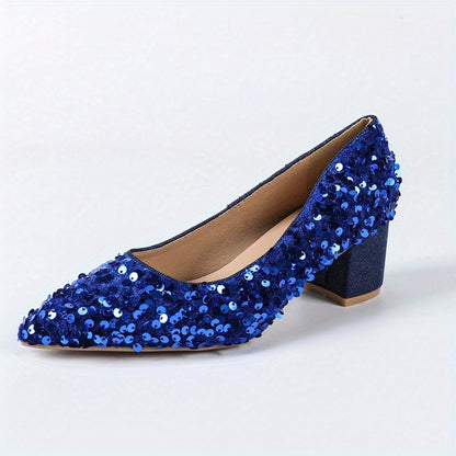 [Evening Party Wedding] Elegant High Heel Evening Party Wedding Dressy Shoes for Women, Pointed Toe, Chunky Heel, Sequin Embellishments Women Heels Red Shoes, Women Shoes