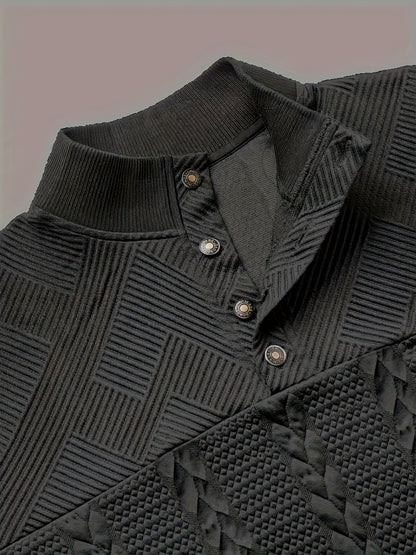 Casual Top for Men in Autumn/Winter, Featuring a Textured Wheat Pattern Fabric, Contrasting Ribbed Edges, And a Zippered Long-Sleeve Henley Design. an Ideal Present for New Year, Valentine'S Day, Or for Your Husband
