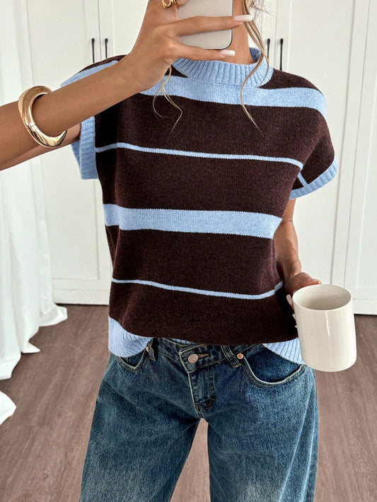 Women'S Striped Sweater - Fall/Winter Cozy, Short Sleeve, Trendy Chic, Breathable Knitwear, Ideal for Casual Fridays, Coffee Dates, Outdoor Gatherings