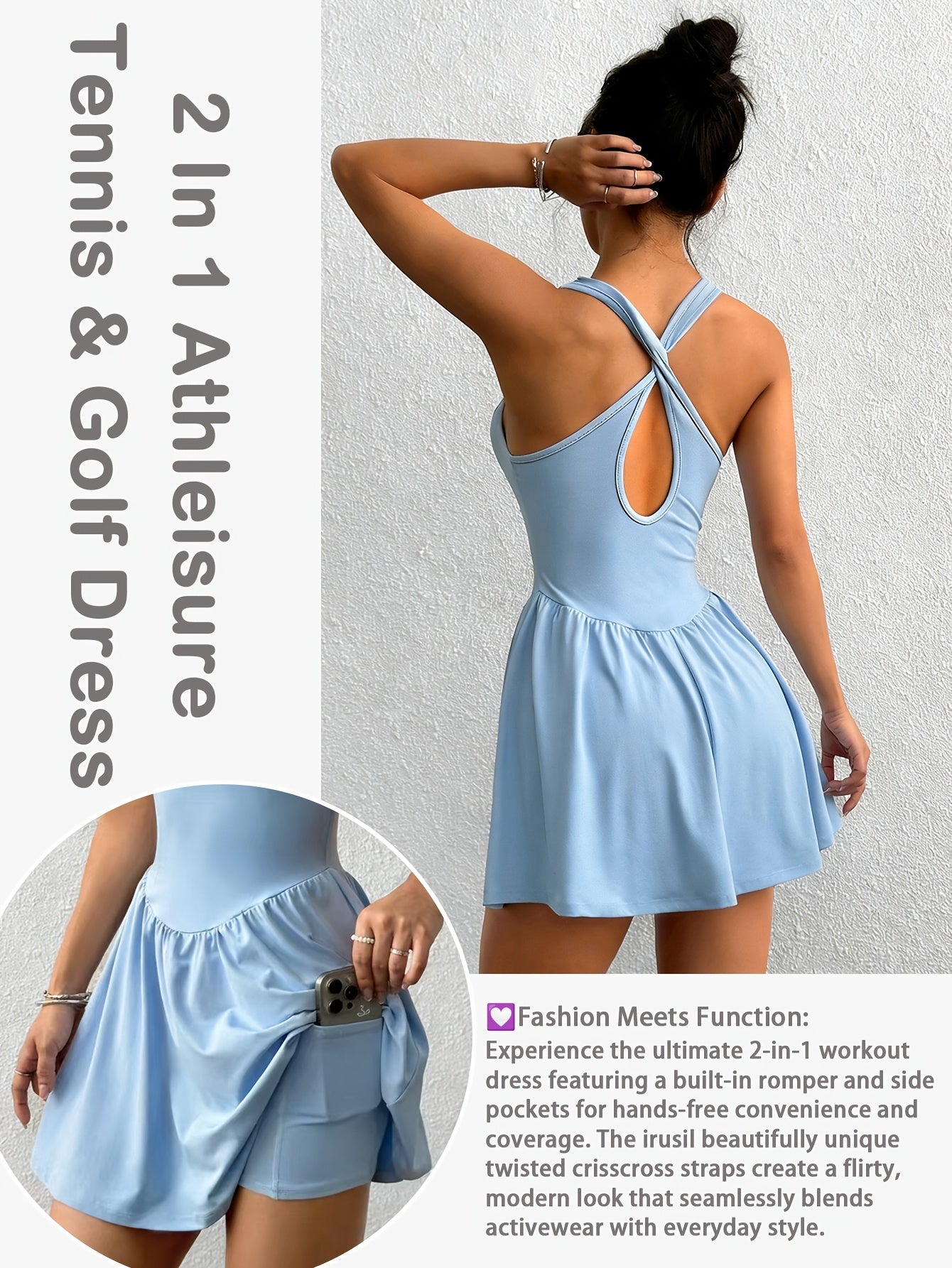 Womens Sleeveless 2-in-1 Athletic Tennis Golf Dress, Underneath Workout Dresses With Built-in Shorts Pocket, Workout Jumpsuits For Women Tummy Control With Double Lined Outfits.