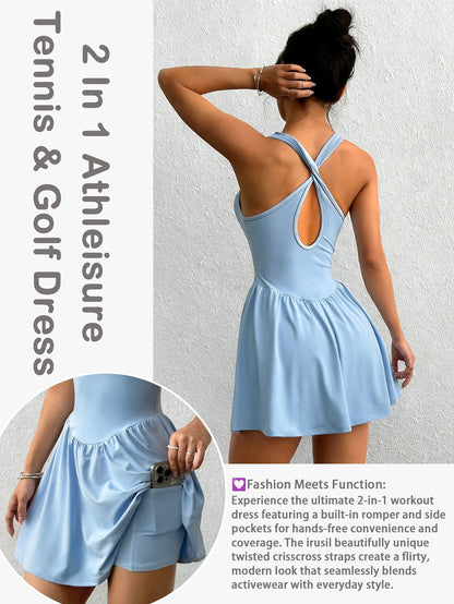 Womens Sleeveless 2-in-1 Athletic Tennis Golf Dress, Underneath Workout Dresses With Built-in Shorts Pocket, Workout Jumpsuits For Women Tummy Control With Double Lined Outfits.