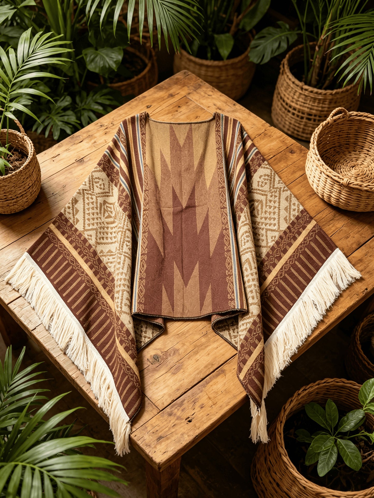 Men's Western Bandit Cape Coat with Tribal Print, Warm V-Neck Poncho with Tassel Trim for Outdoor Adventures, Fall and Winter Casual Wear (Brown/ White)