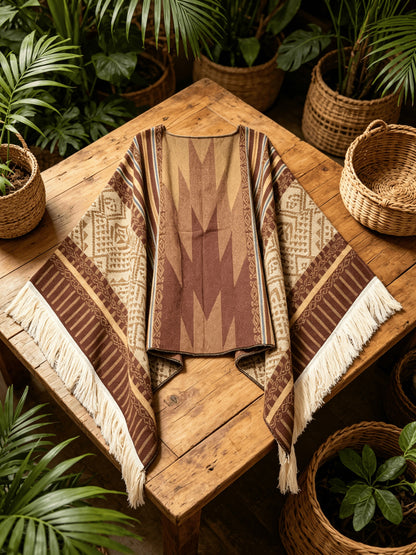 Men's Western Bandit Cape Coat with Tribal Print, Warm V-Neck Poncho with Tassel Trim for Outdoor Adventures, Fall and Winter Casual Wear (Brown/ White)