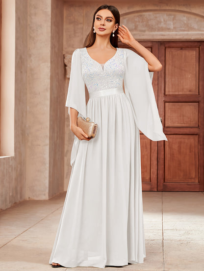 53303 Elegant Women's Lace & Sequin Bridesmaid Dress - A-Line Maxi Wedding Gown with 3/4 Bell Sleeves, V-Neck Color-Block (Bodice &), Machine Washable Bridesmaids Gown for Weddings, Parties, Prom