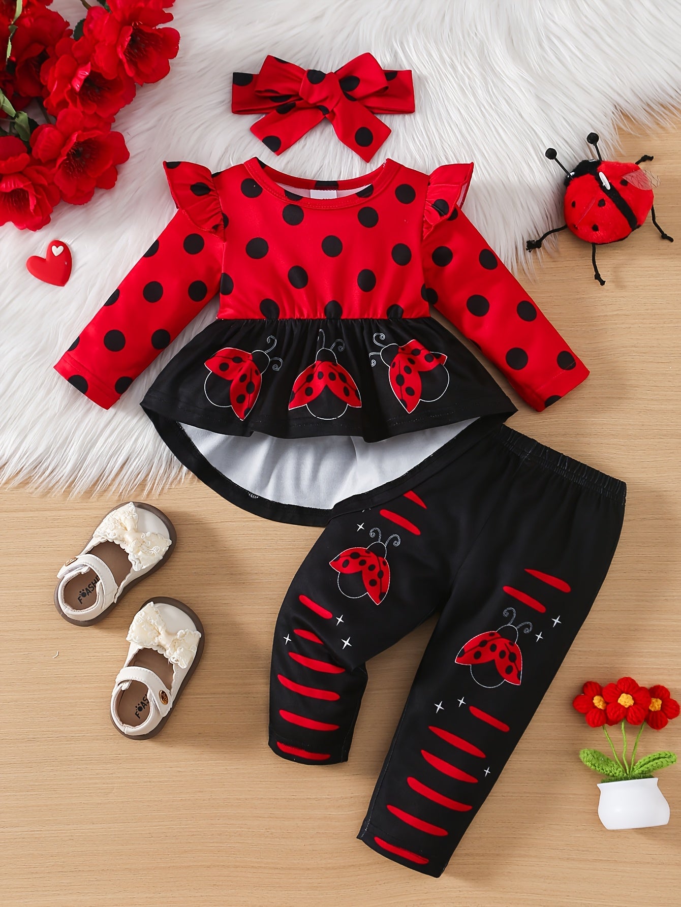 3pcs Baby Girl Autumn New Round Neck Small Fly Sleeve Dot Ladybug Positioning Printed Long Sleeved Pullover Skirt Shirt&elastic Comfortable Pants&headband Set Outdoor Clothing, Perfect for Outdoor