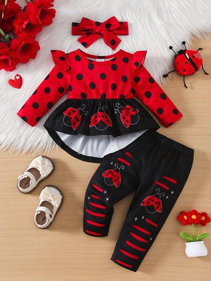 3pcs Baby Girl Autumn New Round Neck Small Fly Sleeve Dot Ladybug Positioning Printed Long Sleeved Pullover Skirt Shirt&elastic Comfortable Pants&headband Set Outdoor Clothing, Perfect for Outdoor