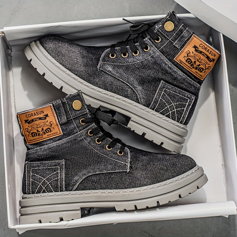 1 Pair of Men's High-top Casual Sports Denim Boots - Solid Color Round Toe Lace-up Design, Durable Washed Canvas Upper, Breathable Fabric Lining and Cushioned Insole, Non-slip Sole, Suitable for All-season Outdoor and Urban Style Wear
