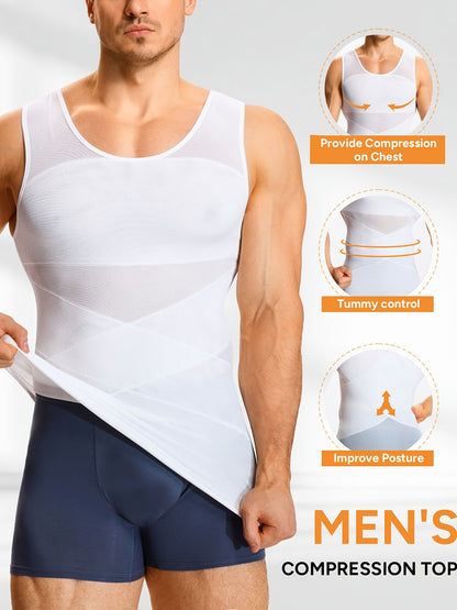 Men's High-Elasticity Compression Tank Top - Breathable Tummy Control Shirt with Semi-Sheer -Back, Tight-Fit Sleeveless Shirt Suitable for Gym, Postpartum & Body Shaping, Year-Round Wear