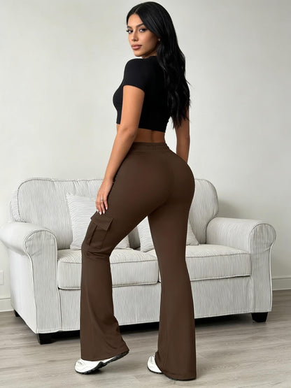 Women'S Solid Color Casual Drawstring Wide-Leg Sweatpants With Pockets, Elastic Waist Micro Flare Cargo Pants, Stretchy Pants For Daily Casual & Wear