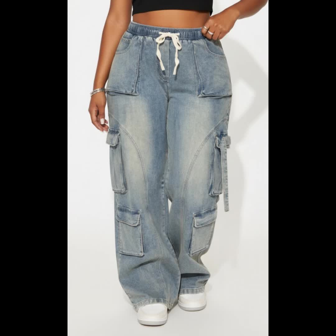Large Sized Multi Pocket Waist And Headband with Elastic Drawstring Denim Workwear Pants