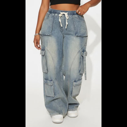 Large Sized Multi Pocket Waist And Headband with Elastic Drawstring Denim Workwear Pants