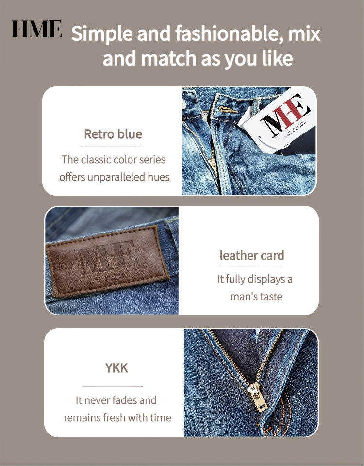 [HME] Men's Slim-fitting Straight-leg Jeans with A Patchwork Embroidery And Random Stitching Design, Fashionable And Versatile, Street Retro Style, Elastic Denim with Cotton Fabric, Heavy Washed And Nostalgic Snowflake Denim, Classic And Retro