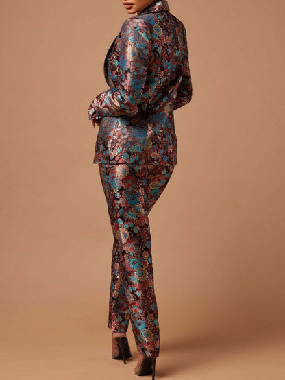 Glouri Hot Pink Floral Jacquard Suit Set - Women'S Long Sleeves Satin Blazer And Straight Leg Pants | Formal Wedding Guest Outfit for Red Carpet Events/Black (Two-Piece And Pocket Details)