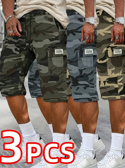 [Father'S Day Gift Choice] 3pcs Camo Cargo Shorts for Men, Knee-Length Shorts with Flap Pockets And for Hiking, Hunting, Fishing, Work Shorts for All Outdoors Activities