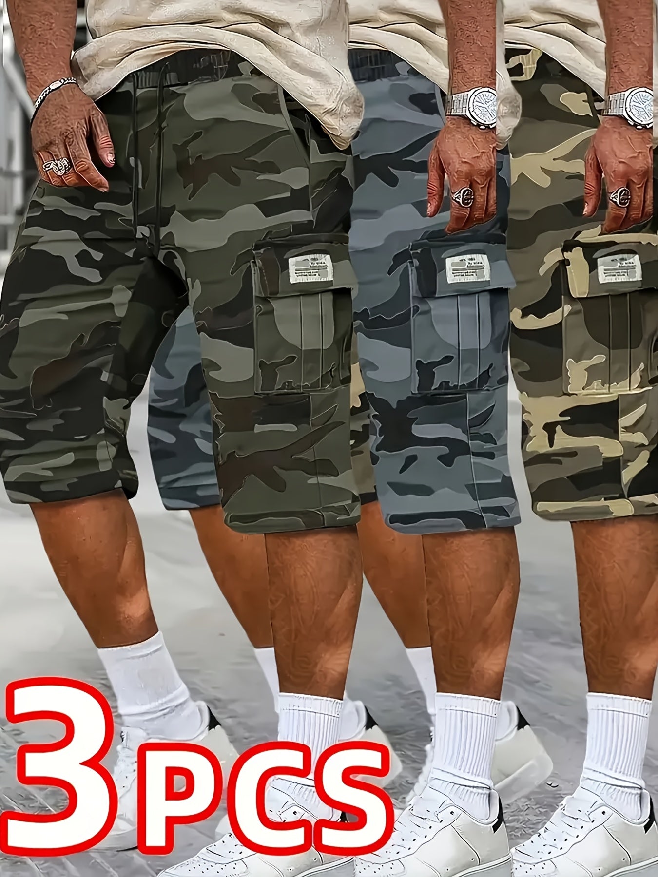 [Father'S Day Gift Choice] 3pcs Camo Cargo Shorts for Men, Knee-Length Shorts with Flap Pockets And for Hiking, Hunting, Fishing, Work Shorts for All Outdoors Activities