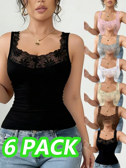 Women's Lace Detail Camisole - 6-Pack Classic Neck Sleeveless
