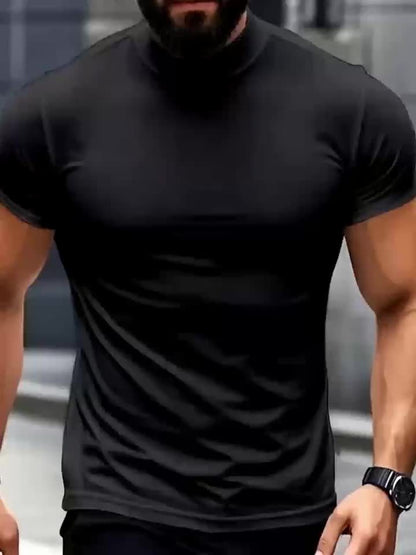 5pcs Men's Mock Neck Compression T-Shirts, Slim Fit Quick-Dry Athletic Tees, Breathable Polyester Workout Shirts for Gym, Training, Cycling, Running & Casual Outdoor Sports
