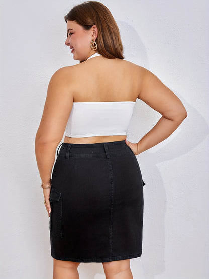 Women's Stylish Black Denim Midi Skirt with Multiple Pockets - Stretch Blend, Knee-Length, Machine Washable, Autumn Fashion Skirt|Button Detail Skirt| Texture Fabric