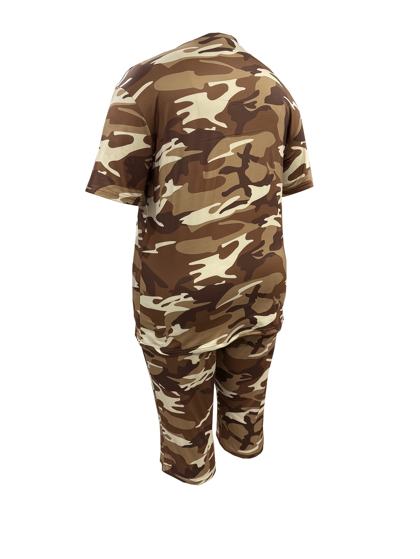 Plus Size - Plus Size - Women'S Plus Size Fashion: Camouflage Print T-Shirt with Round Neck And Cropped Pants Set, Casual Two-Piece Outfit