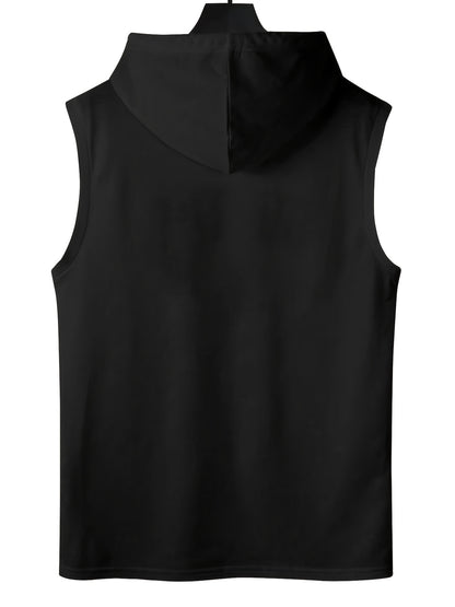 Plus Size Men'S Hooded Tank Top Summer, Beas Print Design, Sleeveless, Hooded, Gym, Casual, Fashionable, Breathable, Polyester Fabric, Workout Apparel