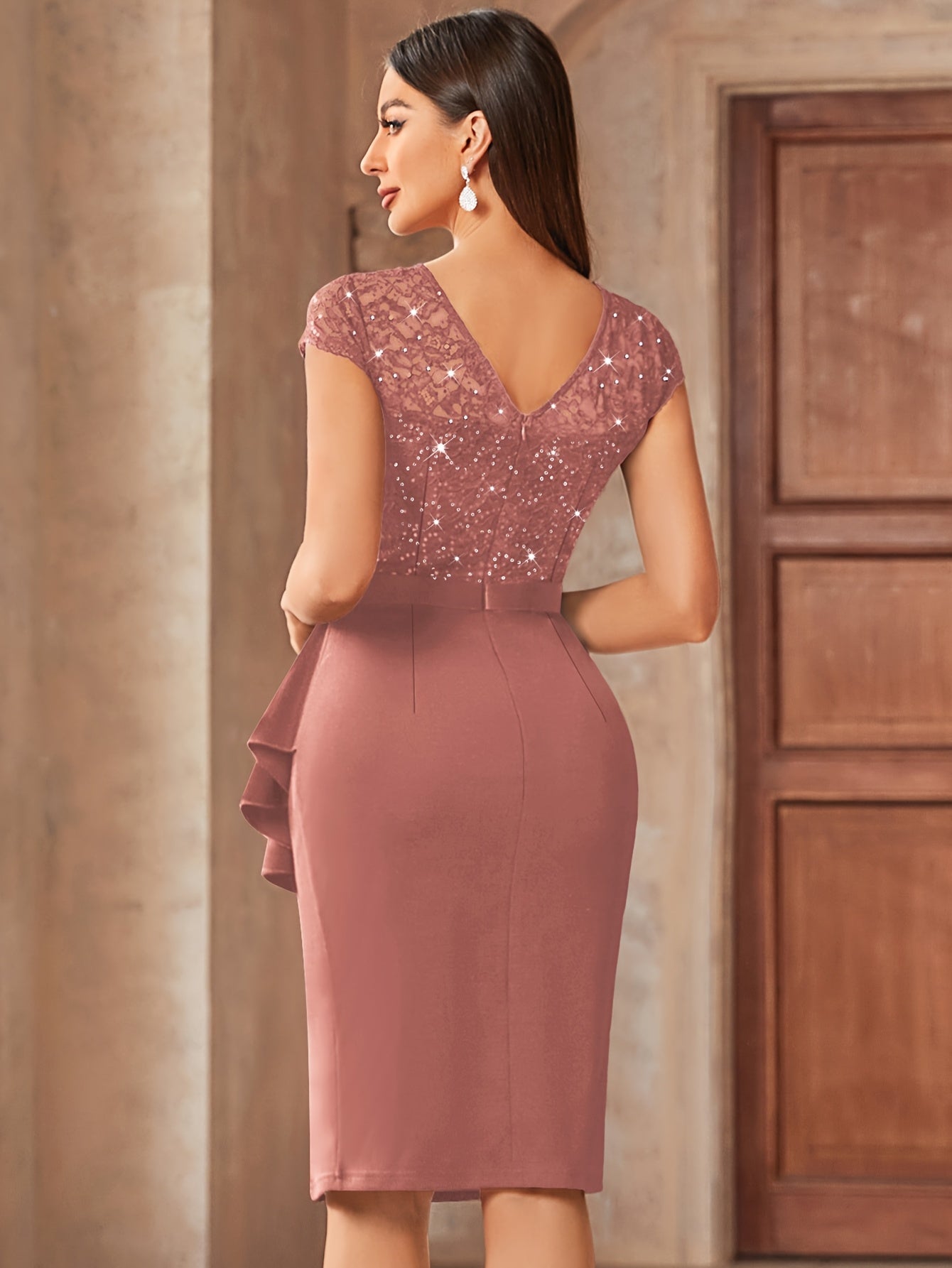 [Wedding Guest Graduation] 13169 Womens Elegant Sequin Lace Bridesmaid Midi Dress With Cap Sleeves Ruffle Hem Round Neck Side Slit For Summer Wedding Guest Graduation Formal Party Evening Event