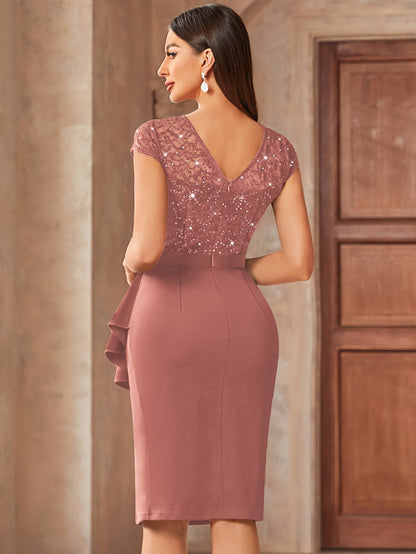 [Wedding Guest Graduation] 13169 Womens Elegant Sequin Lace Bridesmaid Midi Dress With Cap Sleeves Ruffle Hem Round Neck Side Slit For Summer Wedding Guest Graduation Formal Party Evening Event