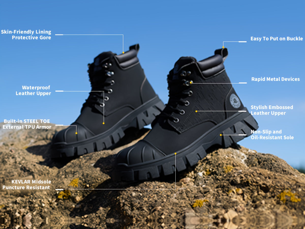 Men'S 6" Steel Toe Work Boots For Men-Faux Leather Shoes With Slip-Resistant Outsole, Lightweight Construction Boots Tenis Zapatos De Trabajo Para Hombre Steel Toe Shoes, Black, Brown, Wheat, US Size 6-14