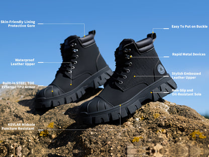Men'S 6" Steel Toe Work Boots For Men-Faux Leather Shoes With Slip-Resistant Outsole, Lightweight Construction Boots Tenis Zapatos De Trabajo Para Hombre Steel Toe Shoes, Black, Brown, Wheat, US Size 6-14