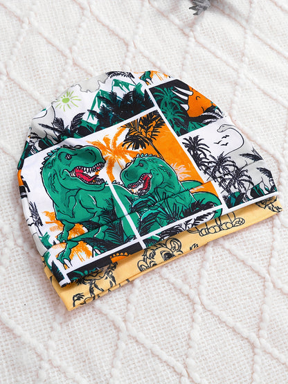 6pcs Boys' Autumn and Winter Set with Yellow Lion Patterns, White Dinosaur Cartoon Print Long Sleeve Rompers, Black Lion Print Pants, and Matching Hat - Cute Outfit, for Outdoor, Cold Weather Clothing, Seasonal Baby Wear, Playful Clothes, Comfortable Romp